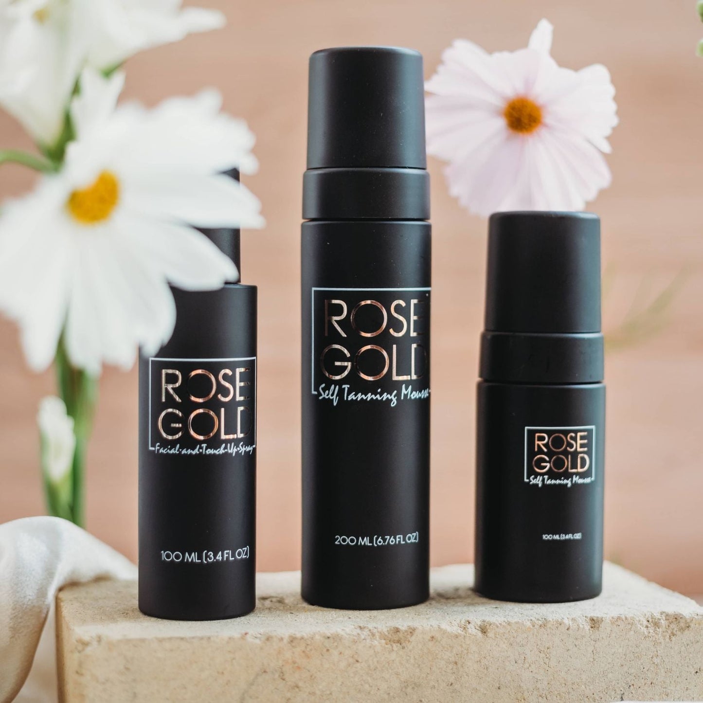 Rose Gold Sunless Face & Body Self Tanner Bundle; 3 black bottles with rose gold labels on Tampa Home & Garden Store