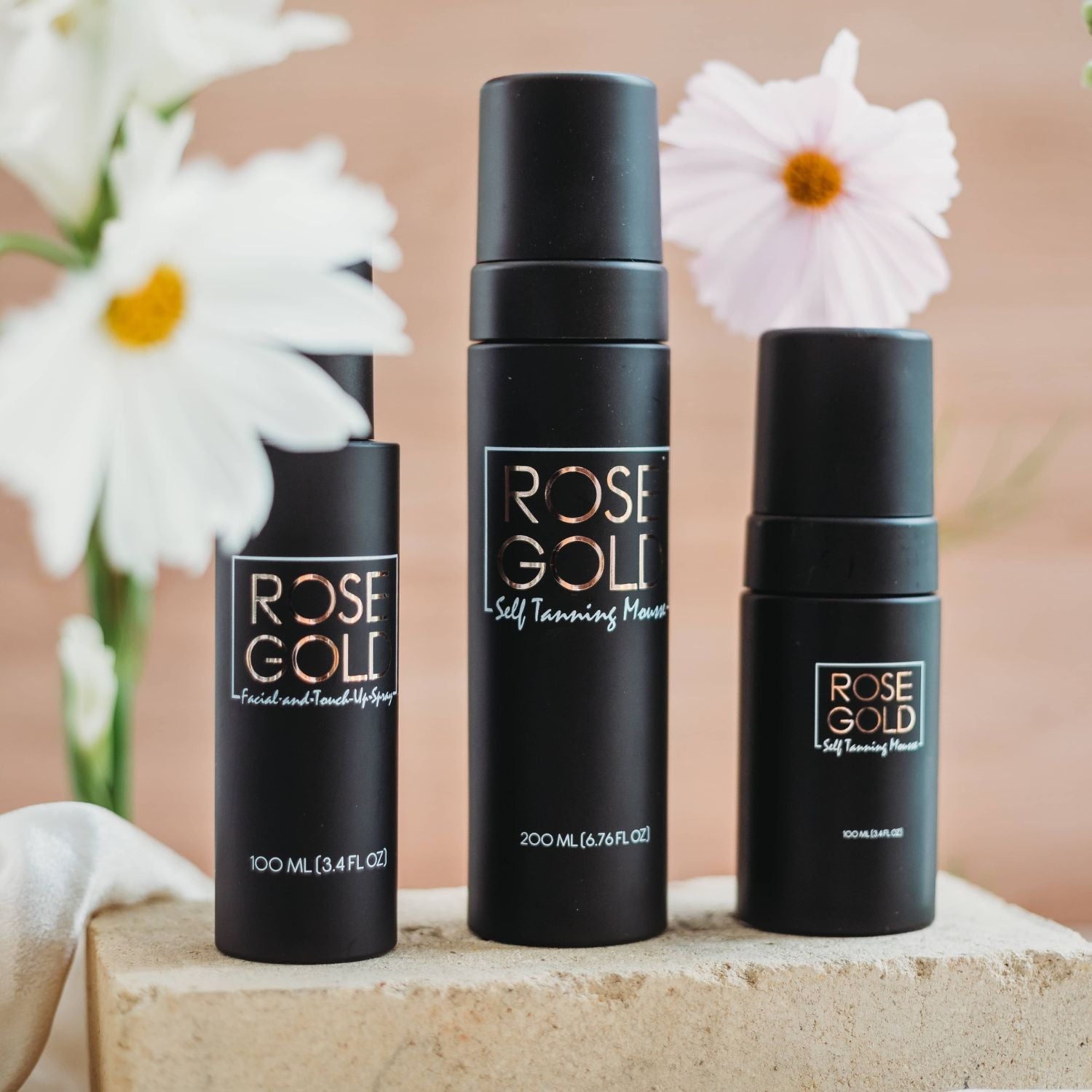 Rose Gold Sunless Face & Body Self Tanner Bundle; 3 black bottles with rose gold labels on Tampa Home & Garden Store