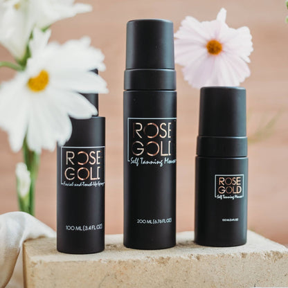 Rose Gold Sunless Face & Body Self Tanner Bundle; 3 black bottles with rose gold labels on Tampa Home & Garden Store