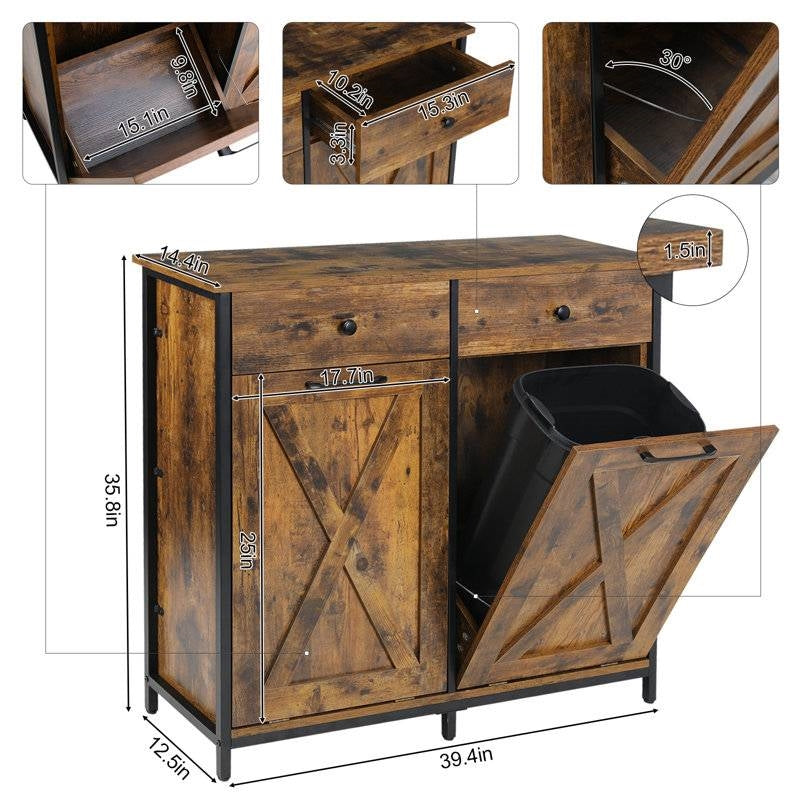 Almacenamiento rústico multiusos para cocina/lavadero con 2 cajones y 2 cubos basculantes de 10 galones para basura/reciclaje