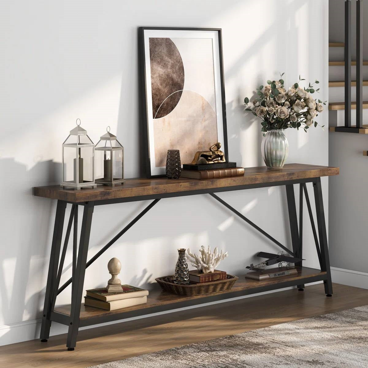 Sturdy 70-inch Industrial Brown Wood Top Console Table with Black Metal Frame