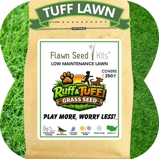 Ruff & Tuff! Grass Seed on brown paper bag by Flawn Seed Kits, low maintenance lawn on Tampa Home & Garden Store