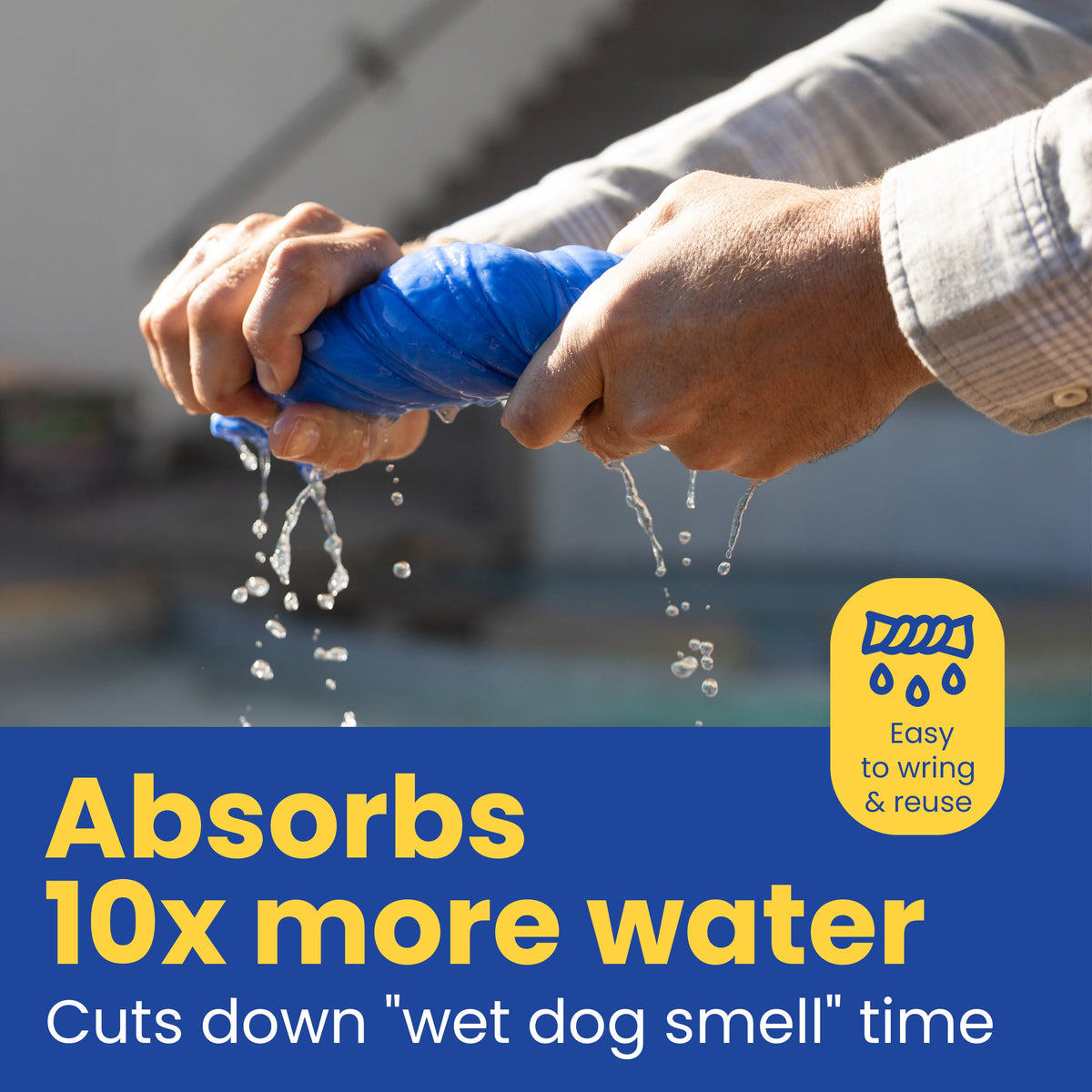 Rubyloo Dog Drying Shammy Towel blue flexible microfiber being wrung by hands on Tampa Home & Garden Store