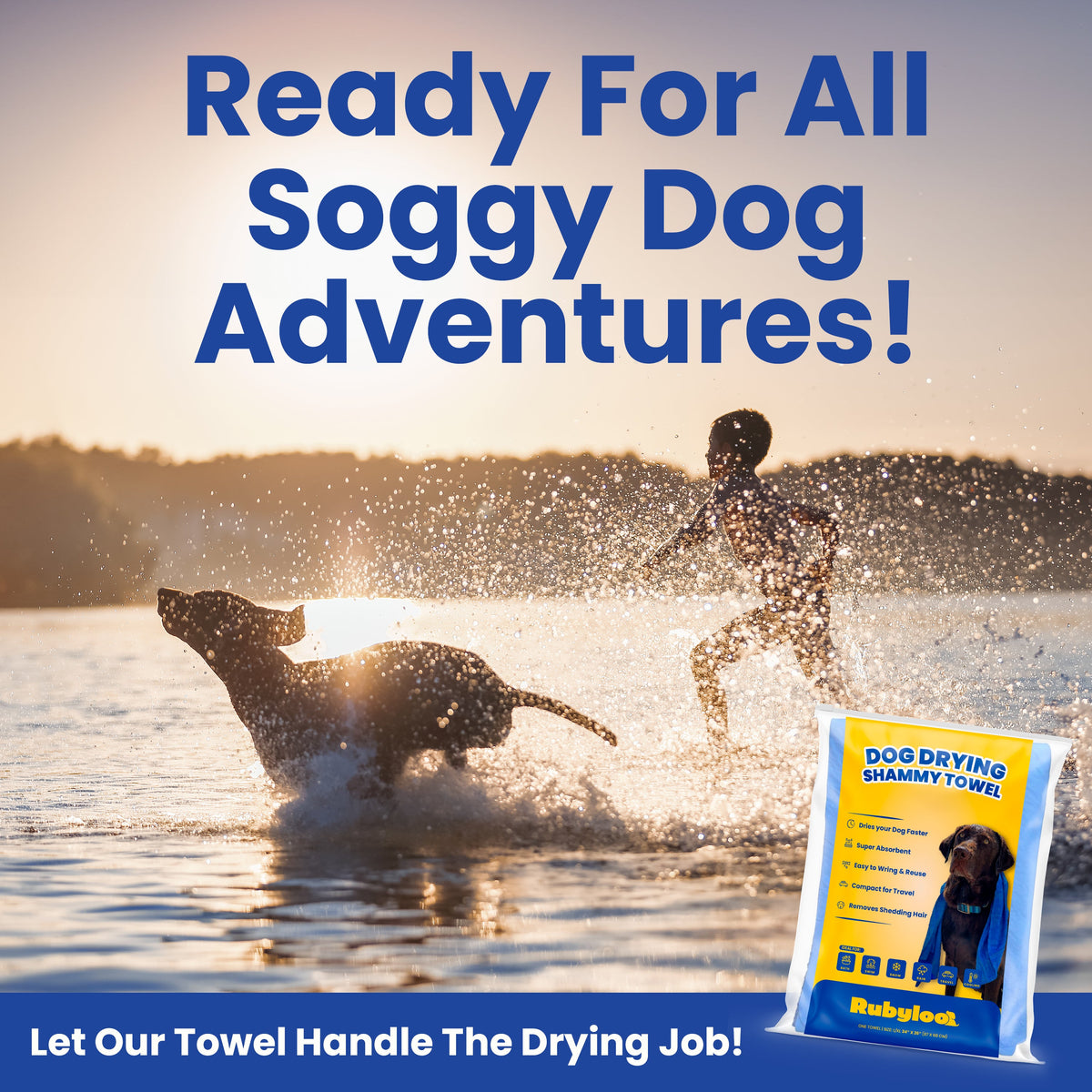 Rubyloo dog drying shammy towel in blue and yellow packaging with dogs at the beach on Tampa Home & Garden Store