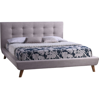 Cama de plataforma tapizada beige estilo Mid-Century tamaño Queen