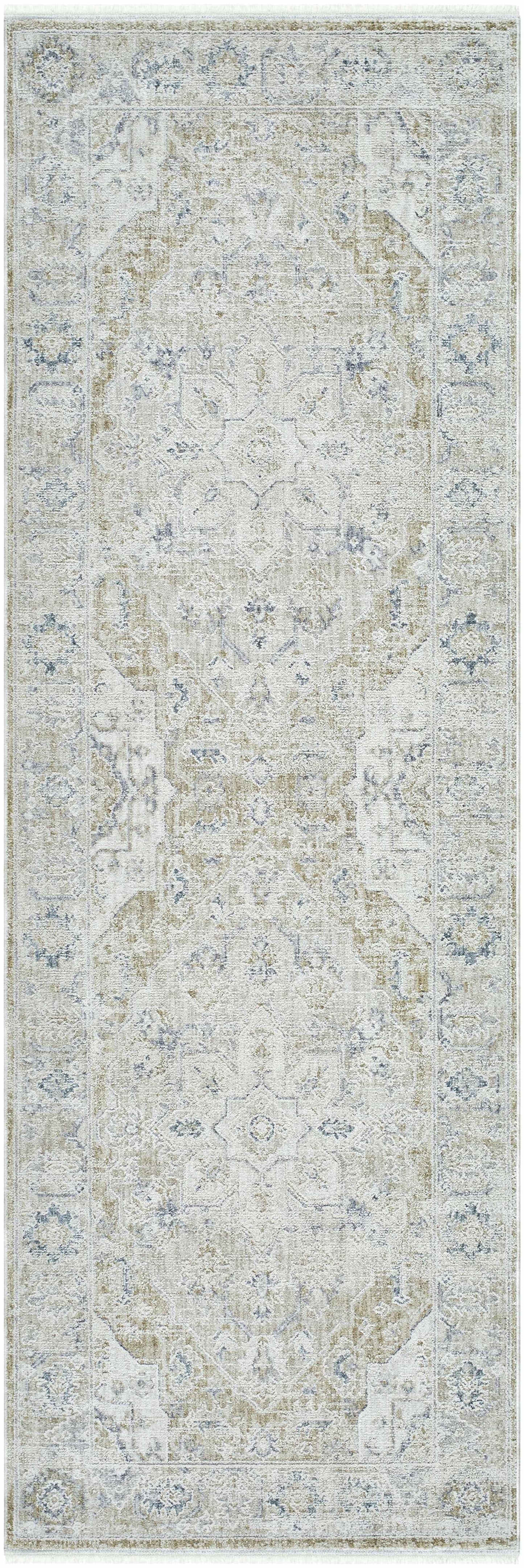 Rhody Luxe Rug beige-gray with blue accents, medallion pattern Boutique Rugs clearance on Tampa Home & Garden Store