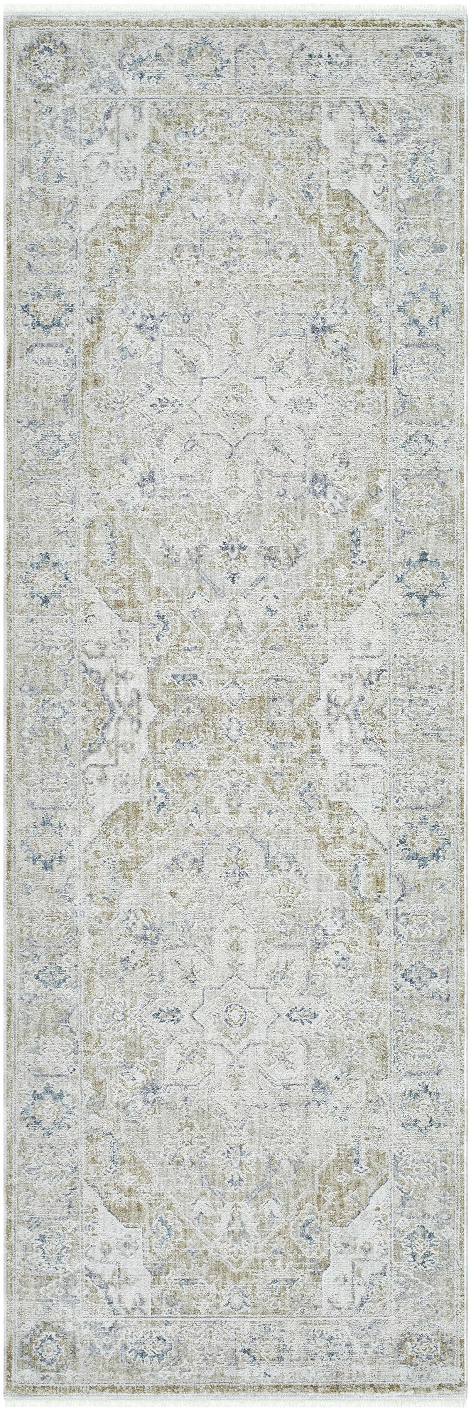 Rhody Luxe Rug beige-gray with blue accents, medallion pattern Boutique Rugs clearance on Tampa Home & Garden Store