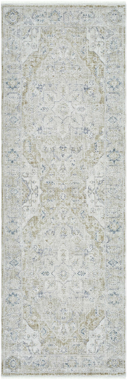 Rhody Luxe Rug beige-gray with blue accents, medallion pattern Boutique Rugs clearance on Tampa Home & Garden Store