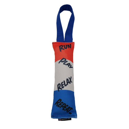 Fire Hose Dog Toy Tugs by American Dog, blue nylon loop handle with orange fire-hose sleeve on Tampa Home & Garden Store