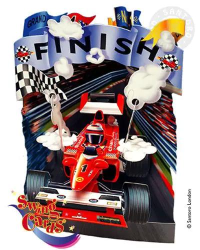 Race Car Swing Card by Santoro with red race car, 3D moving parts and finish line scene on Tampa Home & Garden Store