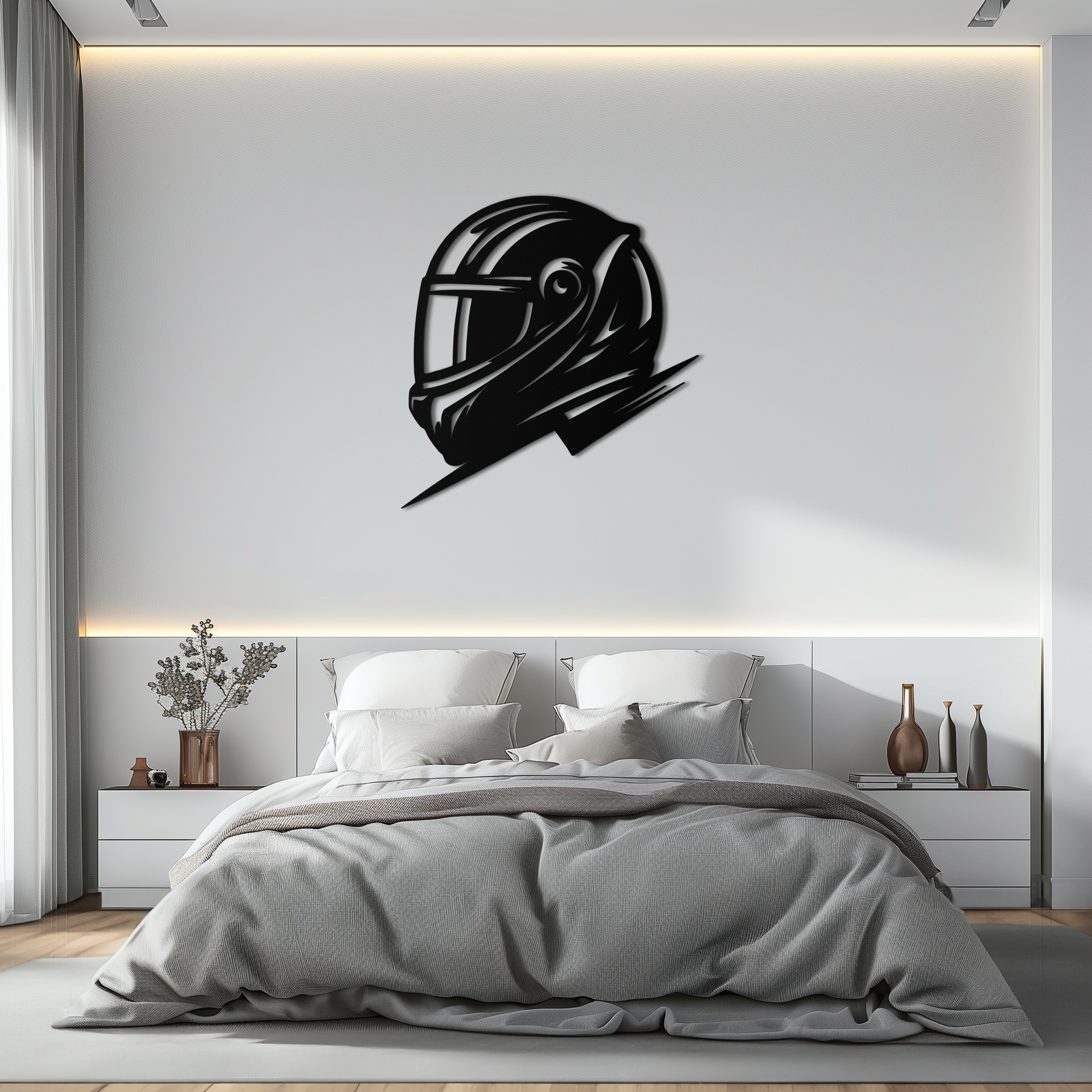 Racing Helmet Silhouette Metal Wall Art – Modern Motorsport Home Decor- KAF565 - Tampa Home & Garden Store