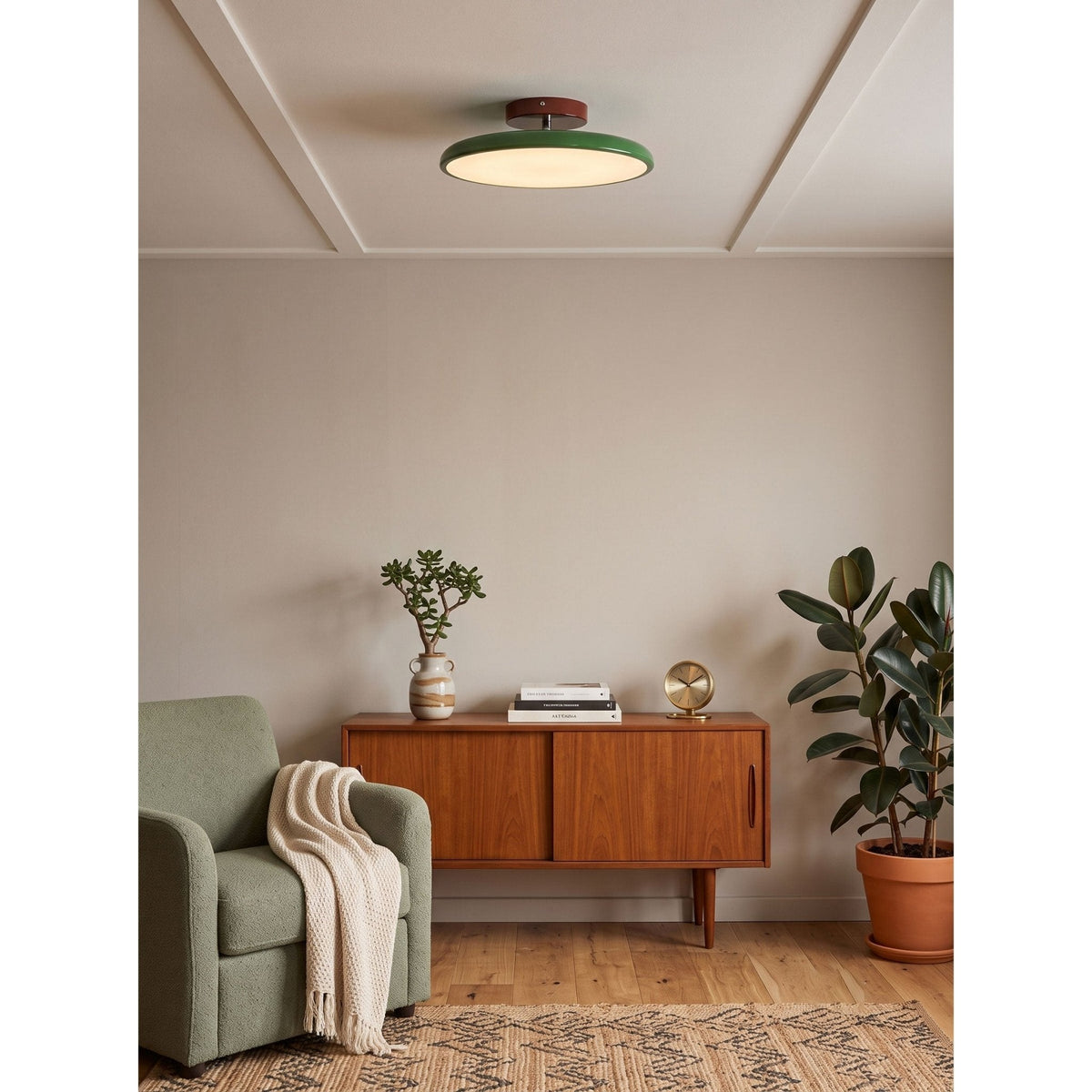 Orbitra flush mount LED ceiling light with swivel arm in green beige diffuser over cabinet on Tampa Home & Garden Store