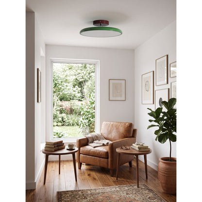 Orbitra flush mount LED ceiling light with swivel arm, green metal ring, Moktan Sabai on Tampa Home & Garden Store