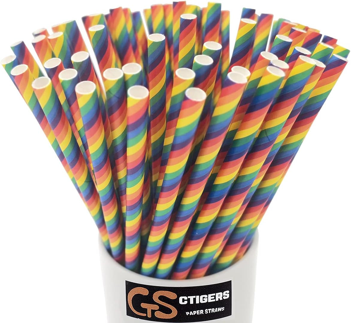 Rainbow Paper Straws for Wedding Party Summmer Party Beach Cocktail Baby Shower Biodegradable Drinking Straws Box of 100 - Tampa Home & Garden Store