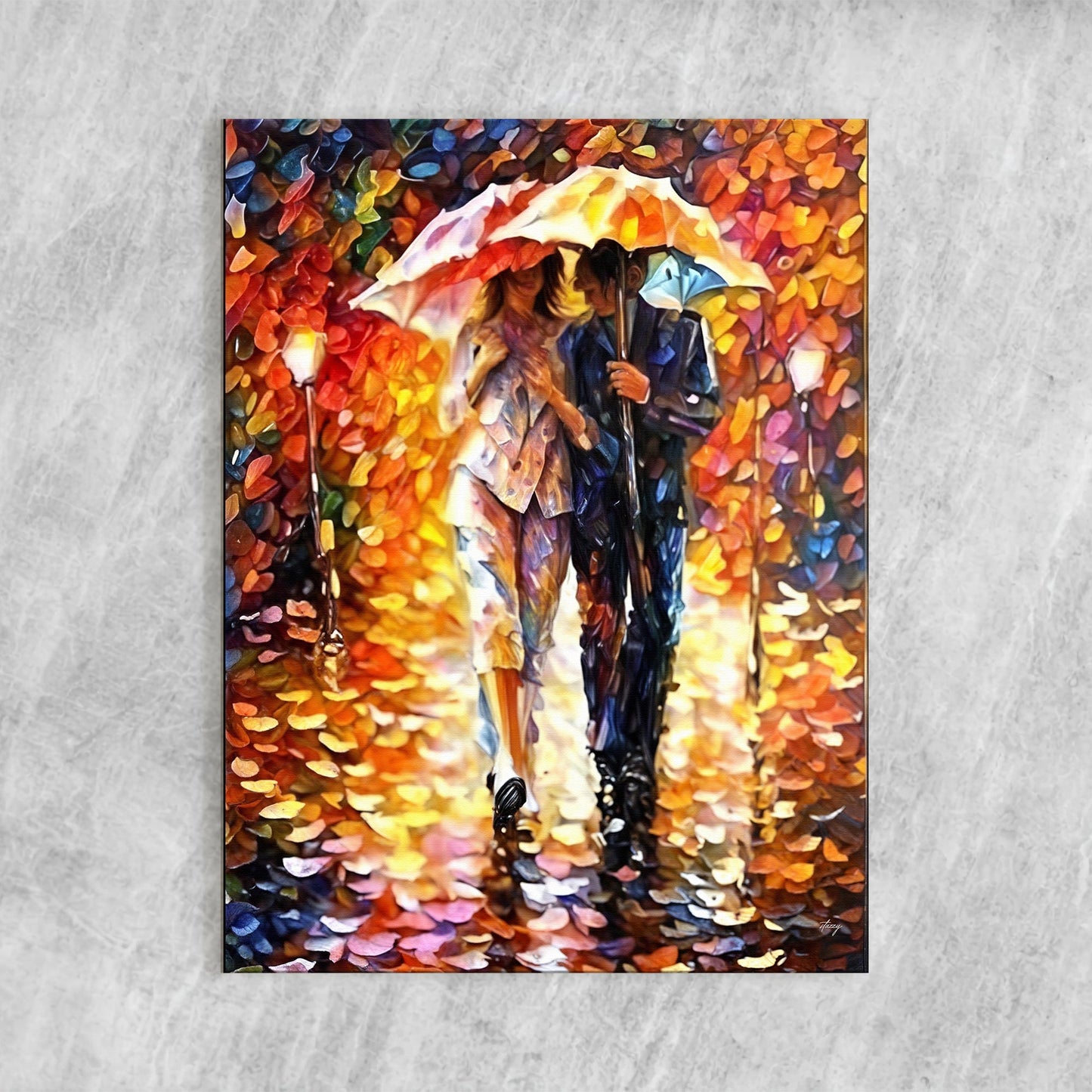 Canvas Print Rainy Romance by Tailored Canvases, couple under umbrella amid colorful leaves on Tampa Home & Garden Store