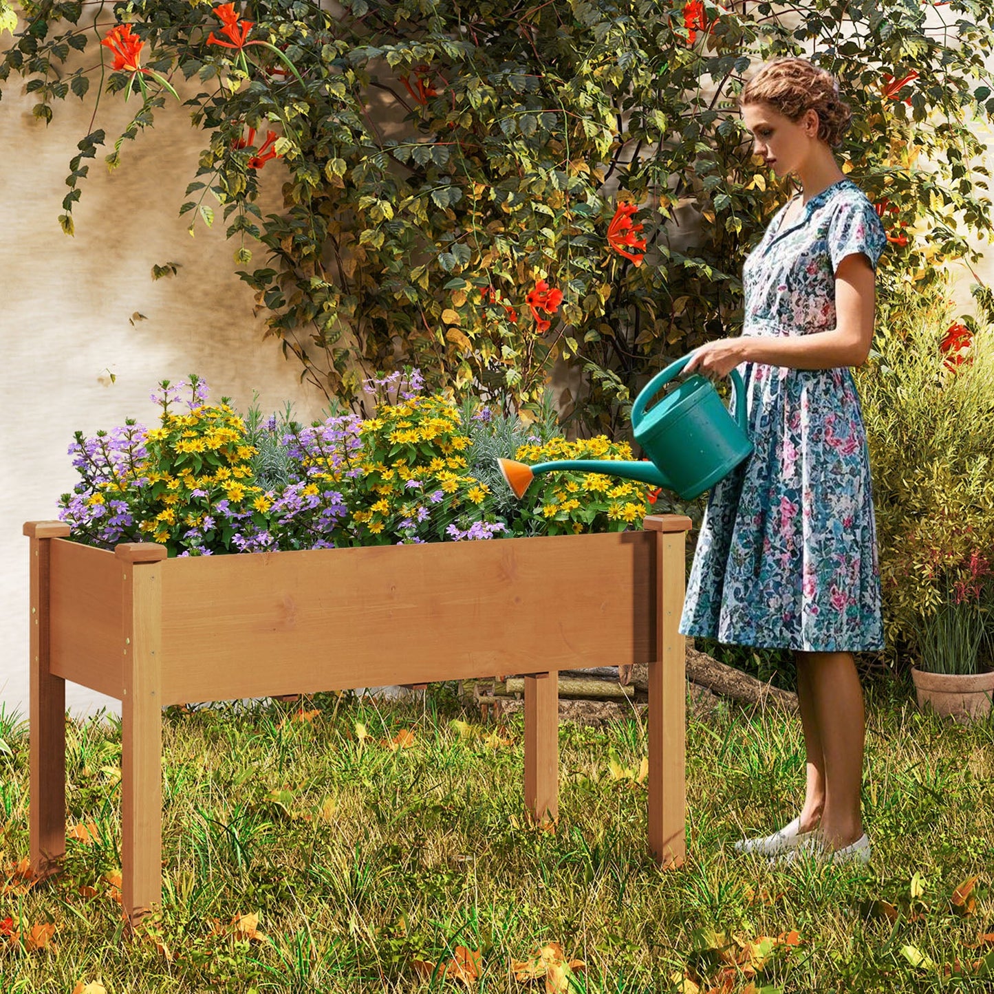 Cama de jardín elevada con patas y orificios de drenaje para patio trasero - Marrón