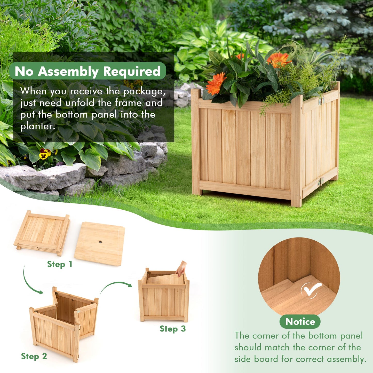 Mesa de cultivo elevada plegable de madera de abeto con fondo extraíble