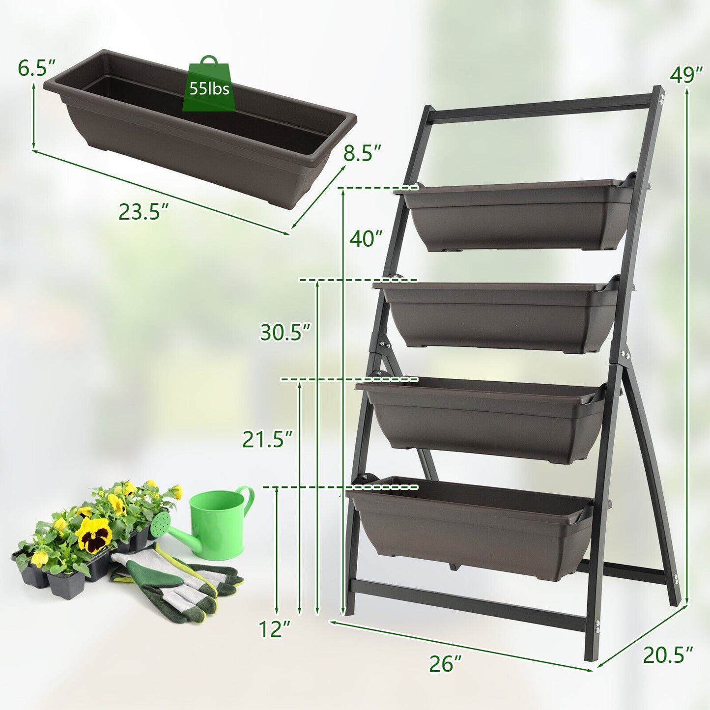 Maceta Vertical de 4 Niveles con 4 Contenedores y Agujeros de Drenaje-S