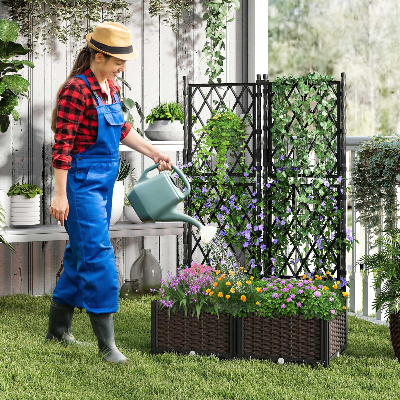DirectDeals black lattice trellis raised garden bed with self-watering elevated two planter boxes on Tampa Home & Garden Store