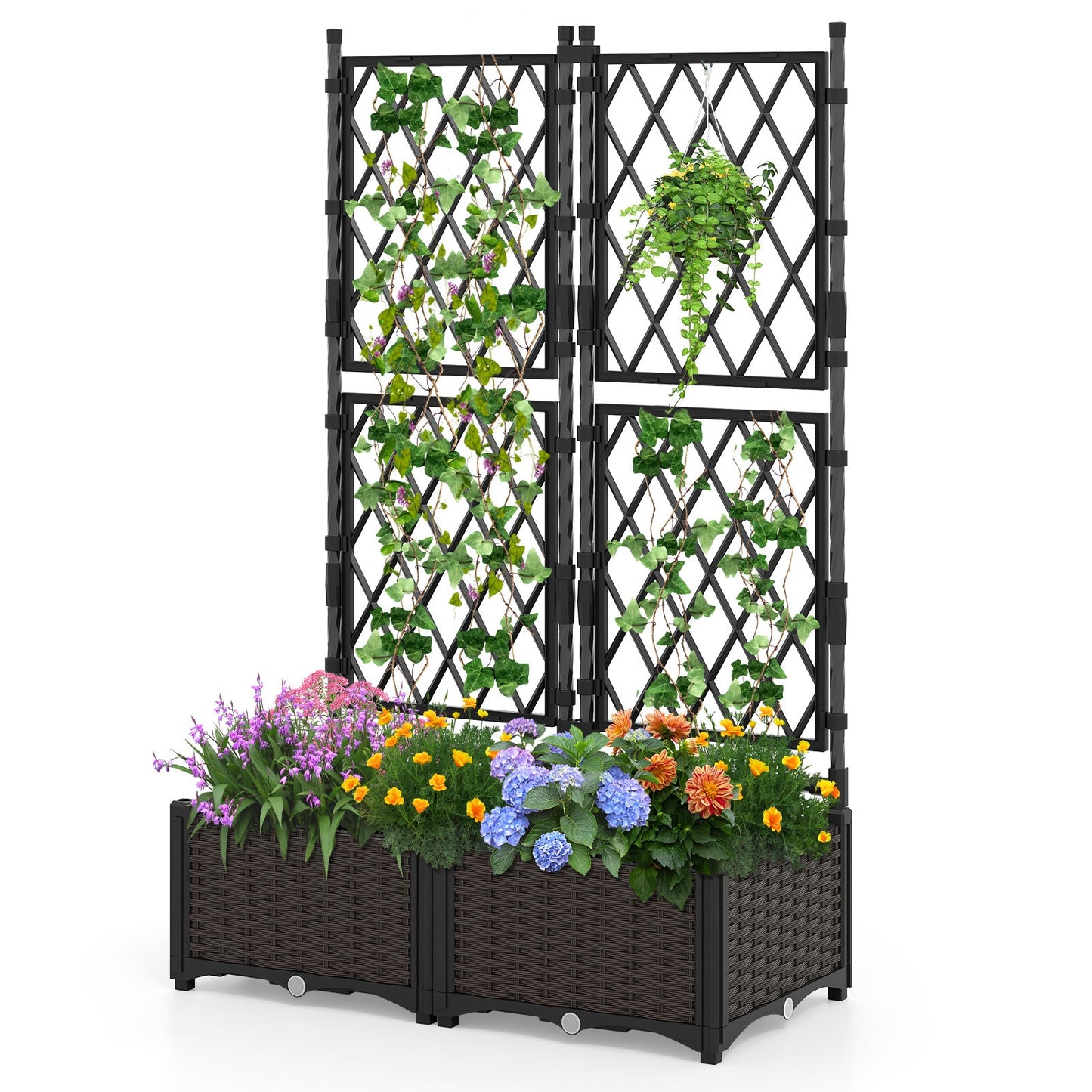 Raised garden bed with lattice trellis, black self-watering vertical planters by DirectDeals on Tampa Home & Garden Store