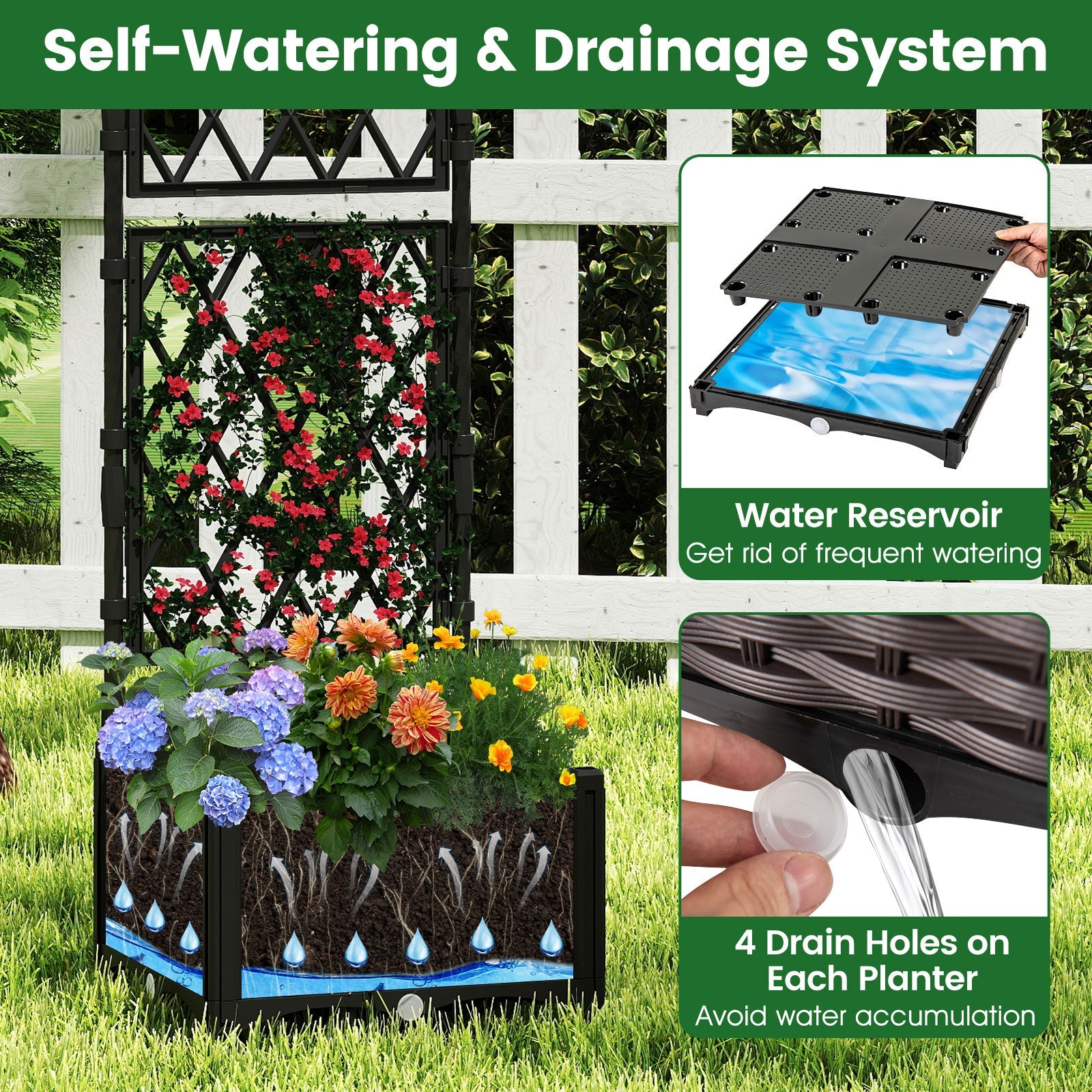 DirectDeals black raised garden bed with lattice trellis self-watering planter and 4 drain holes on Tampa Home & Garden Store