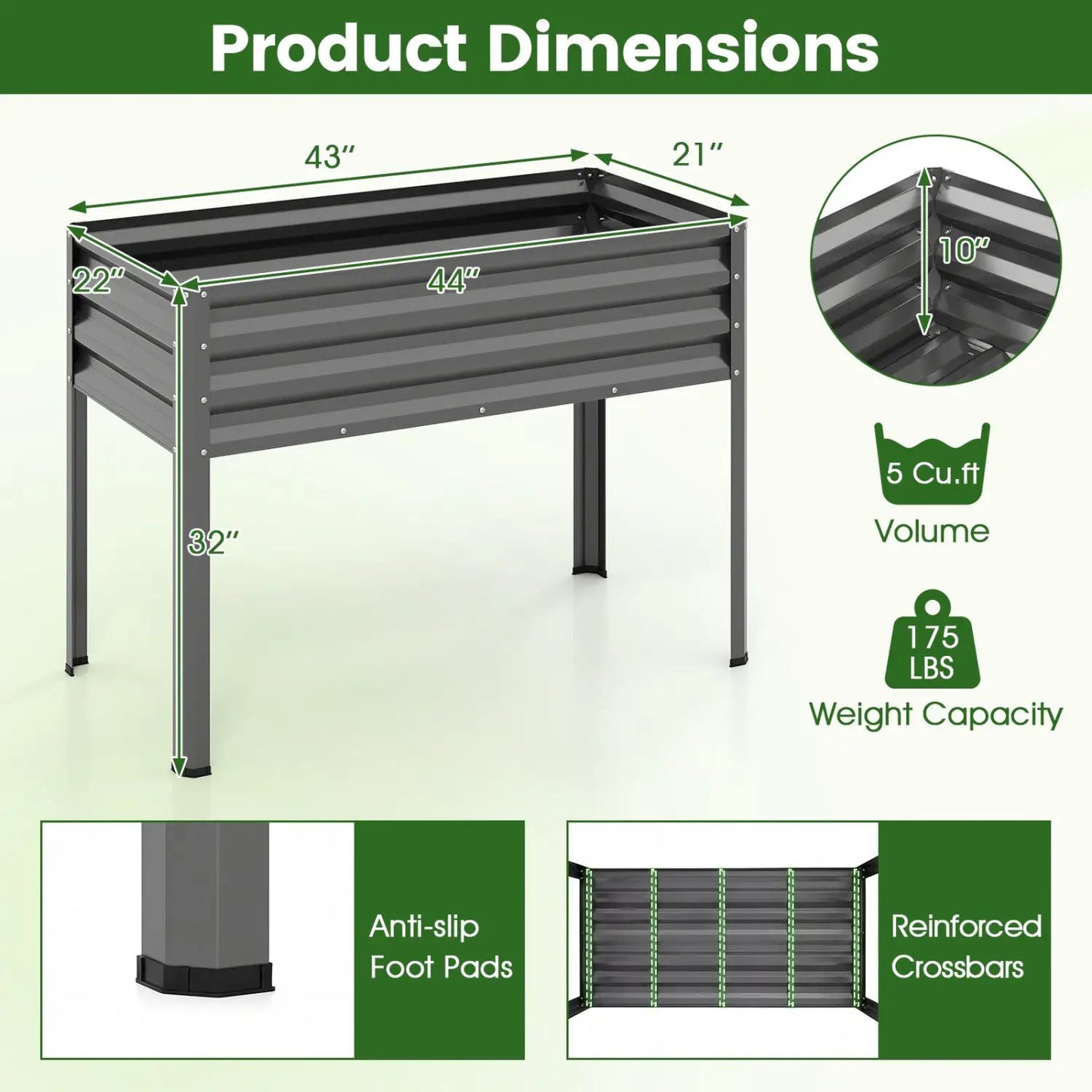 Raised Garden Bed with Legs Electro Coated Metal