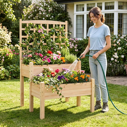 2-Tier Raised Garden Bed with Trellis in natural wood with blooming flowers DirectDeals on Tampa Home & Garden Store
