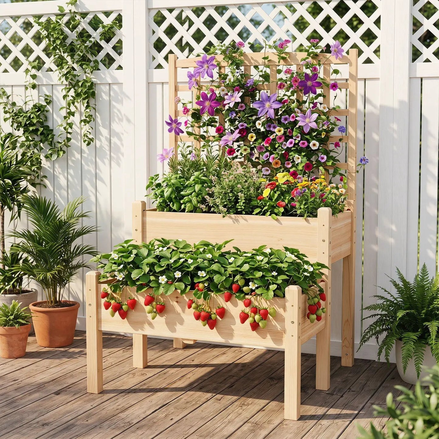 Two Tier Raised Garden Bed With Trellis Climbers