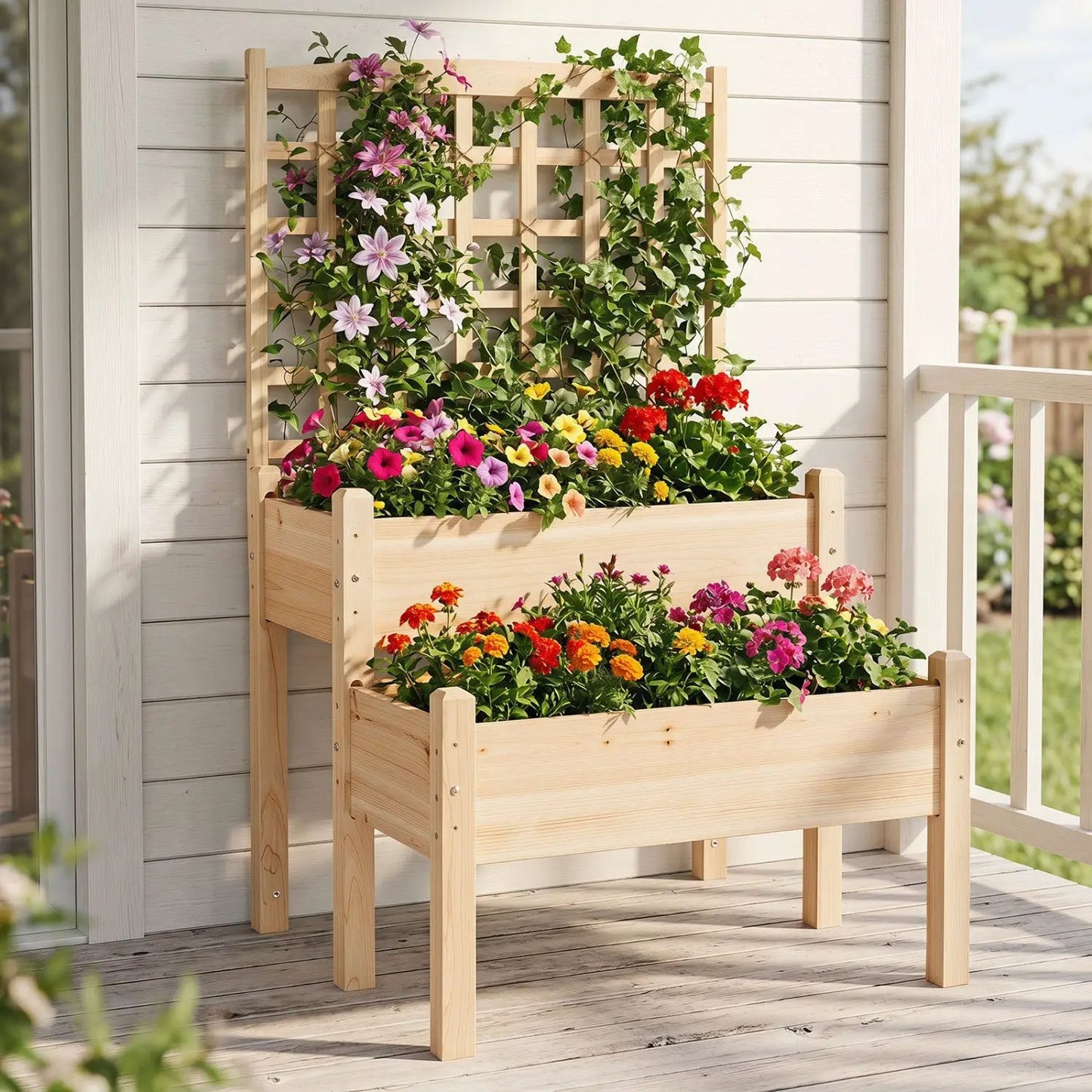 Two Tier Raised Garden Bed With Trellis Climbers