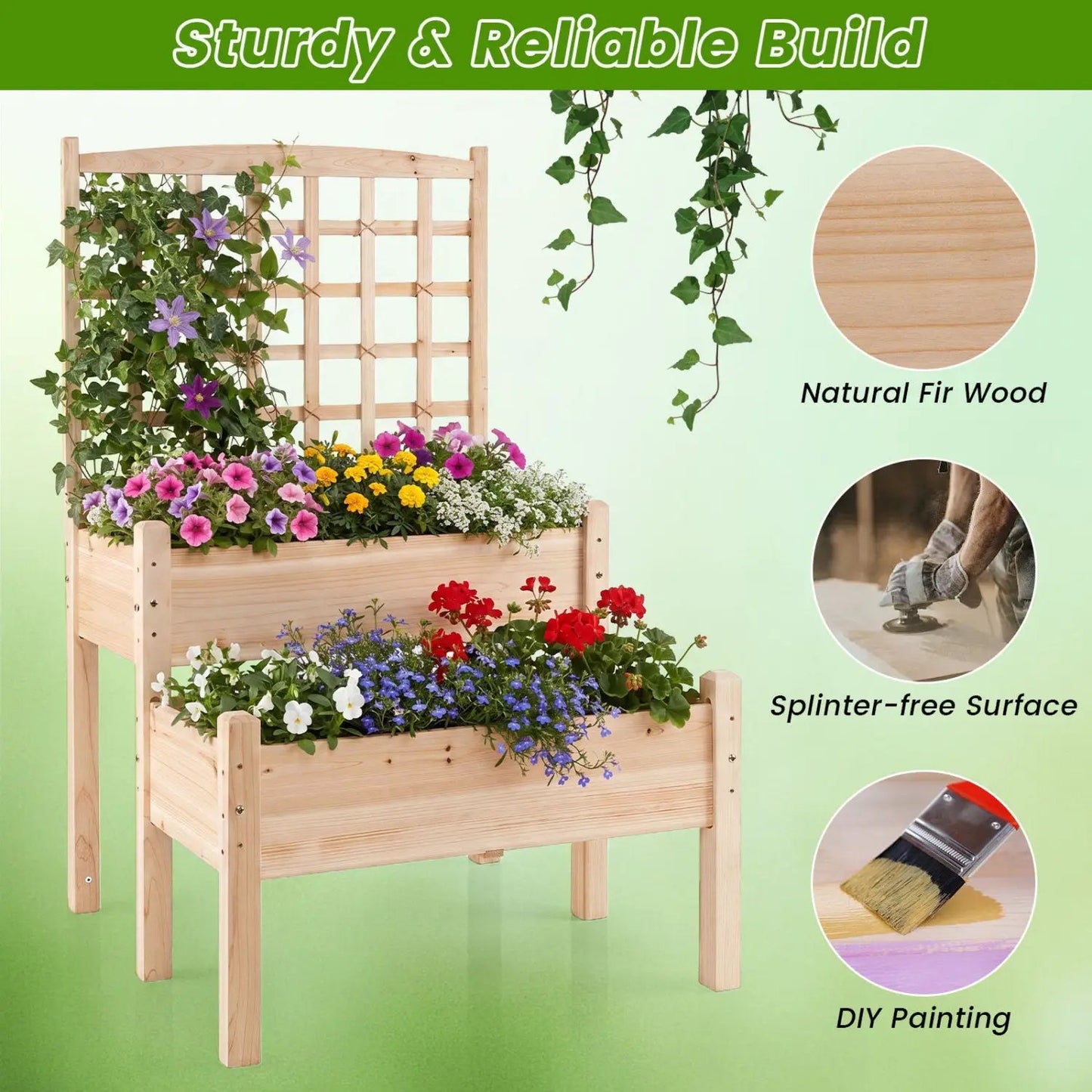 Two Tier Raised Garden Bed With Trellis Climbers