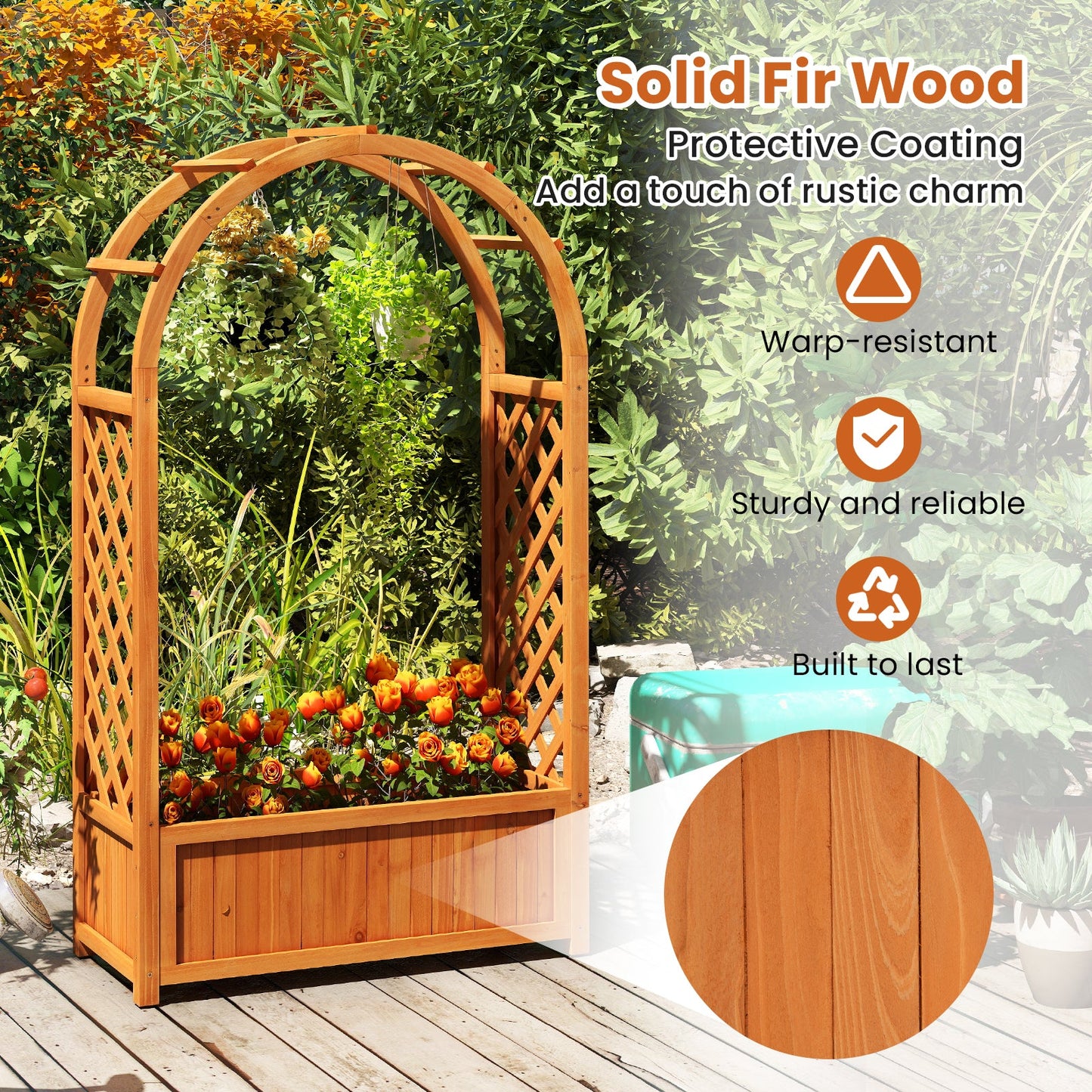 Raised Garden Bed with Lattice Trellis Ached Roof Wooden Elevated Planter Box-Brown