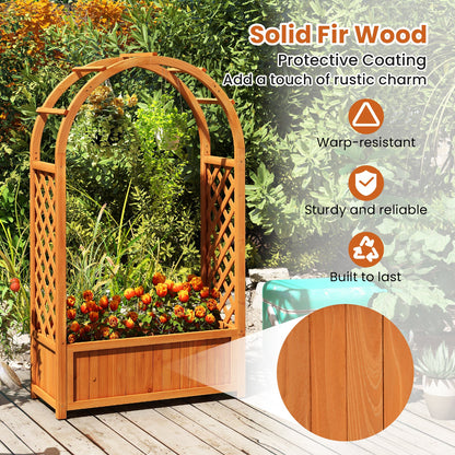 Raised Garden Bed with Lattice Trellis Ached Roof Wooden Elevated Planter Box-Brown