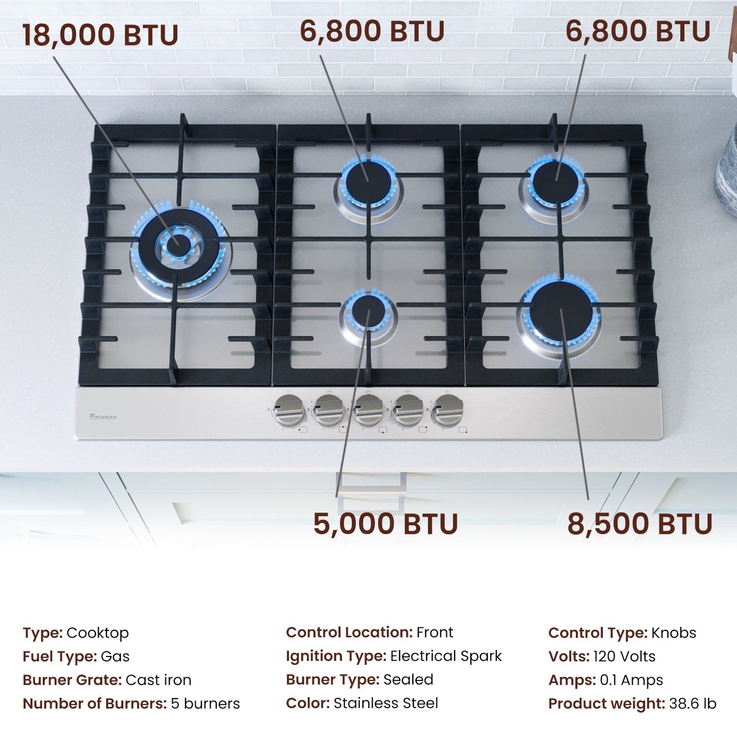 Rangaire 34" Gas Cooktop 5 Burners Stainless Steel RCG341S - Tampa Home & Garden Store