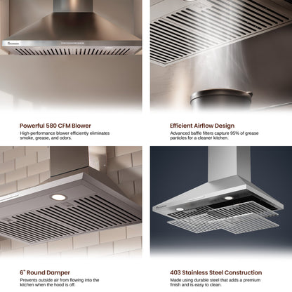 Rangaire 36" Wall-Mounted Range Hood 580 CFM Convertible  Stainless Steel  RHWMP36S - Tampa Home & Garden Store