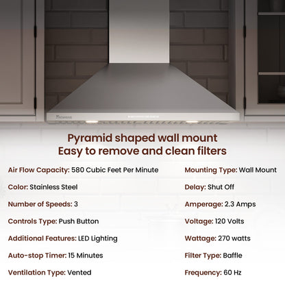Rangaire 36" Wall-Mounted Range Hood 580 CFM Convertible  Stainless Steel  RHWMP36S - Tampa Home & Garden Store