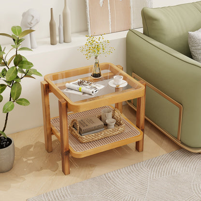 Mesa auxiliar de ratán de 2 niveles con tapa de cristal templado y patas de madera de acacia - Marrón