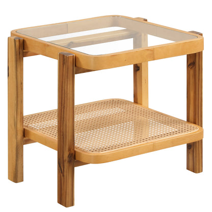 Mesa auxiliar de ratán de 2 niveles con tapa de cristal templado y patas de madera de acacia - Marrón