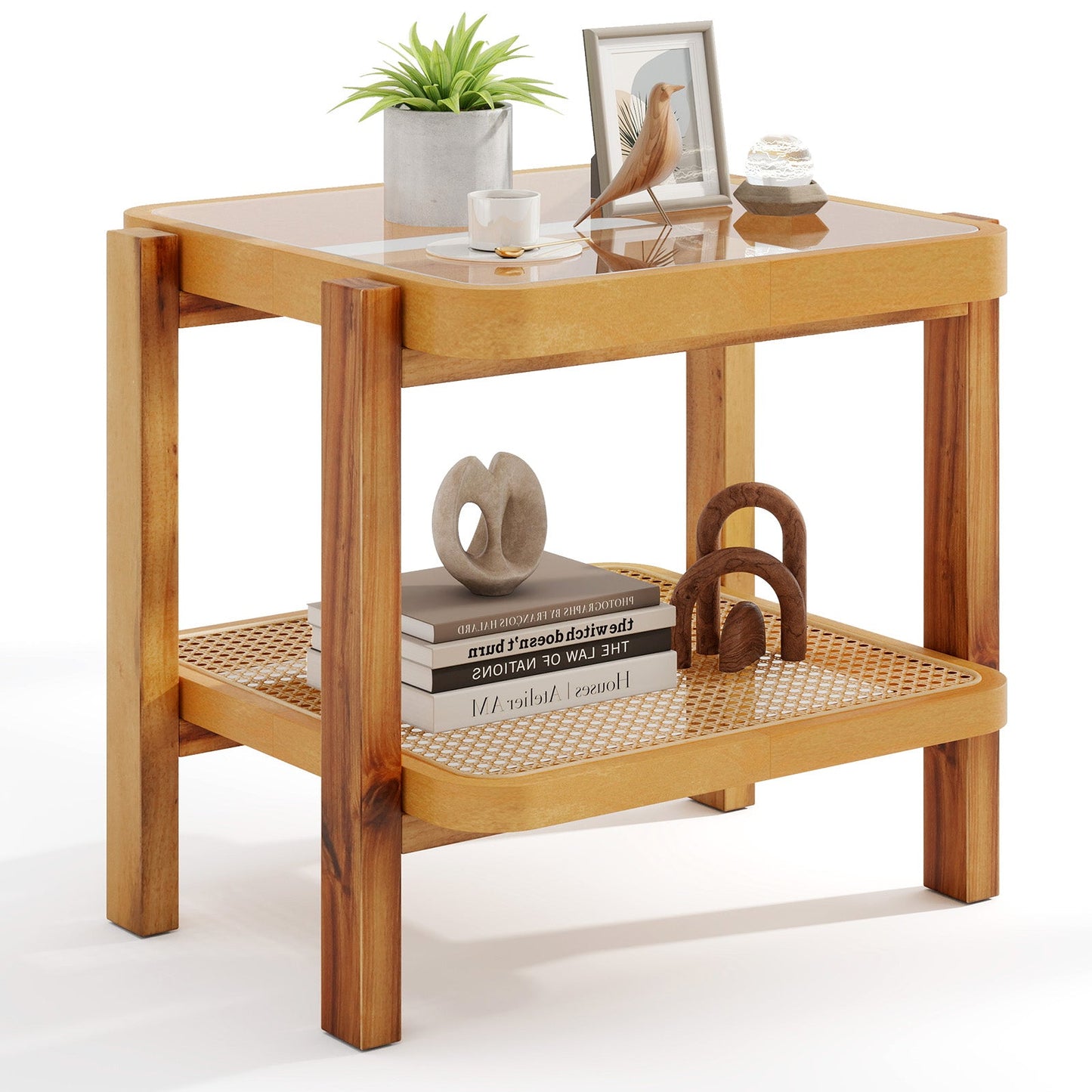 Mesa auxiliar de ratán de 2 niveles con tapa de cristal templado y patas de madera de acacia - Marrón