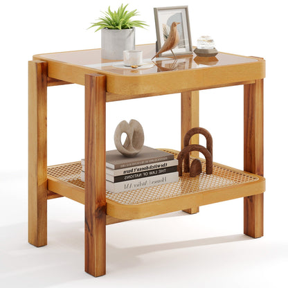 Mesa auxiliar de ratán de 2 niveles con tapa de cristal templado y patas de madera de acacia - Marrón