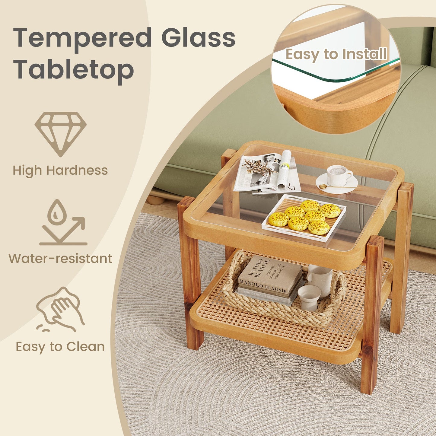 Mesa auxiliar de ratán de 2 niveles con tapa de cristal templado y patas de madera de acacia - Marrón