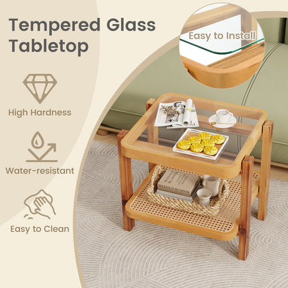Mesa auxiliar de ratán de 2 niveles con tapa de cristal templado y patas de madera de acacia - Marrón