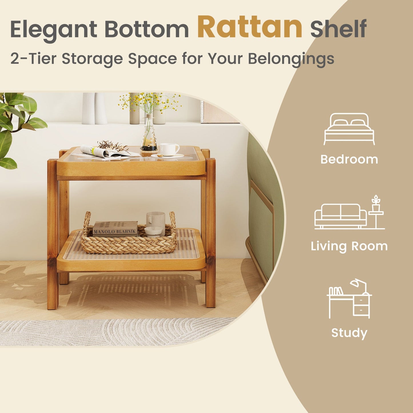 Mesa auxiliar de ratán de 2 niveles con tapa de cristal templado y patas de madera de acacia - Marrón