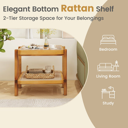 Mesa auxiliar de ratán de 2 niveles con tapa de cristal templado y patas de madera de acacia - Marrón