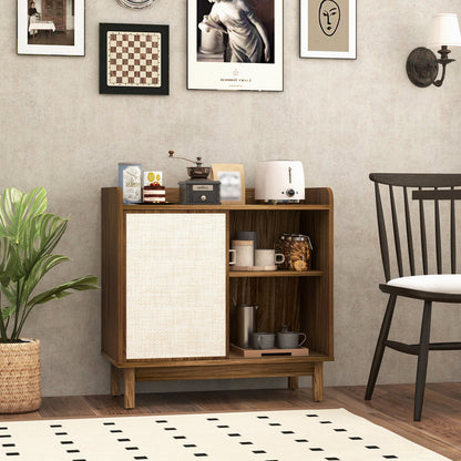 Aparador de ratán, mueble de almacenamiento de suelo de mediados de siglo con puerta corrediza y estantes ajustables - Nogal