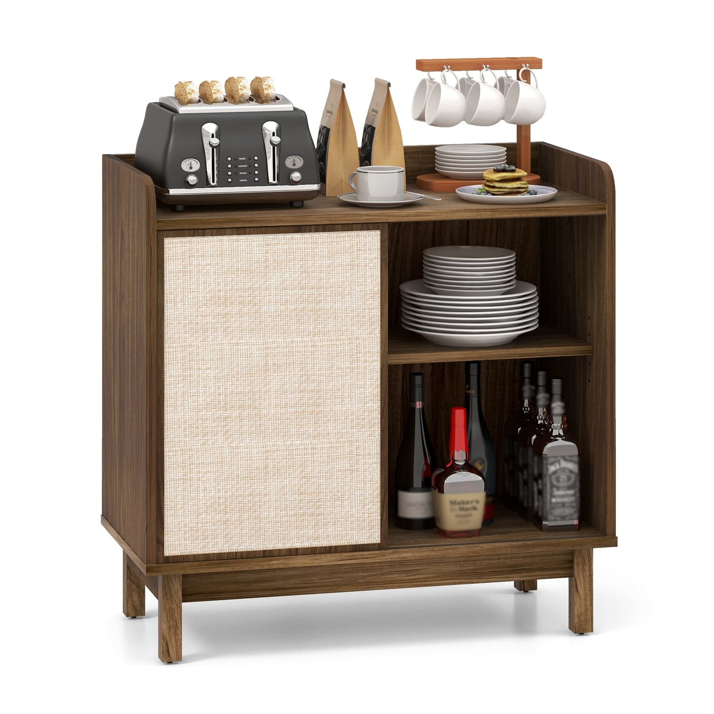 Aparador de ratán, mueble de almacenamiento de suelo de mediados de siglo con puerta corrediza y estantes ajustables - Nogal