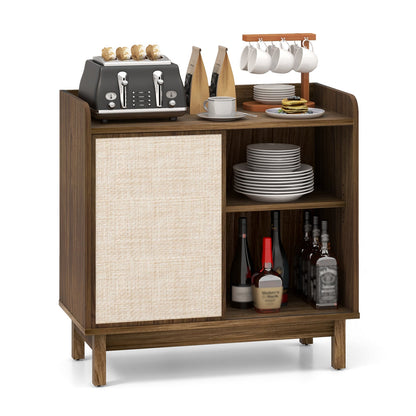 Aparador de ratán, mueble de almacenamiento de suelo de mediados de siglo con puerta corrediza y estantes ajustables - Nogal