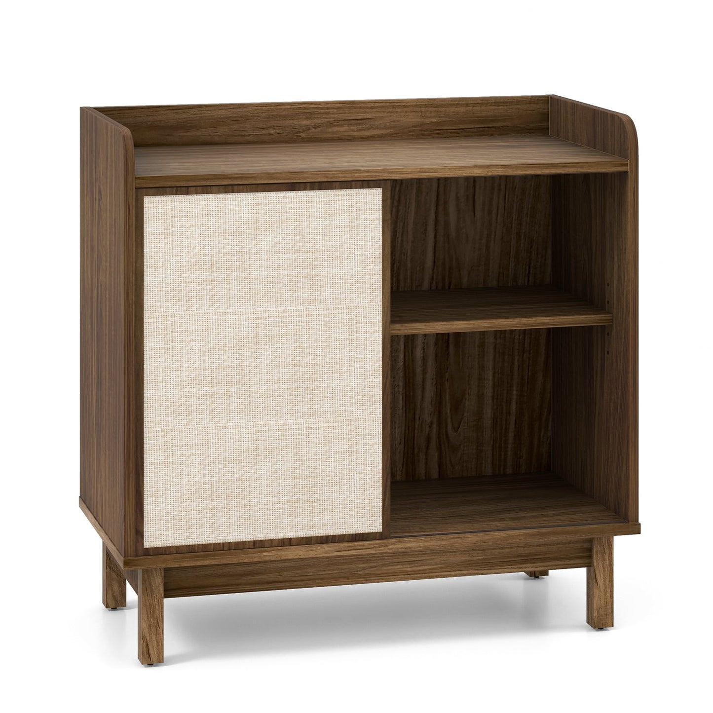 Aparador de ratán, mueble de almacenamiento de suelo de mediados de siglo con puerta corrediza y estantes ajustables - Nogal