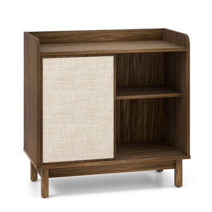 Aparador de ratán, mueble de almacenamiento de suelo de mediados de siglo con puerta corrediza y estantes ajustables - Nogal