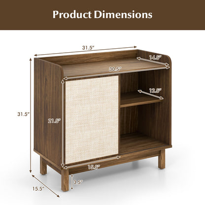 Aparador de ratán, mueble de almacenamiento de suelo de mediados de siglo con puerta corrediza y estantes ajustables - Nogal
