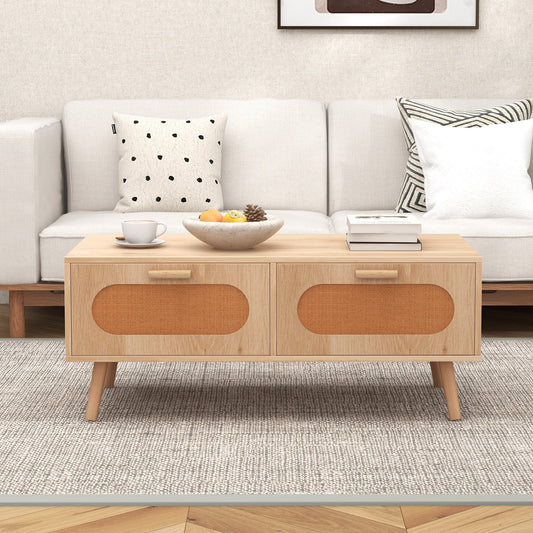 Rattan Coffee Table Mid Century Modern Center Table with 2 Storage Drawers-Natural - Tampa Home & Garden Store